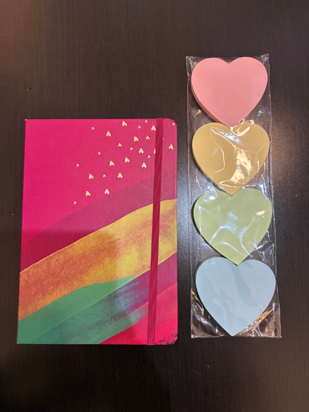 NWT Journal with elastic has college ruled pages, plus 4 heart post it notes